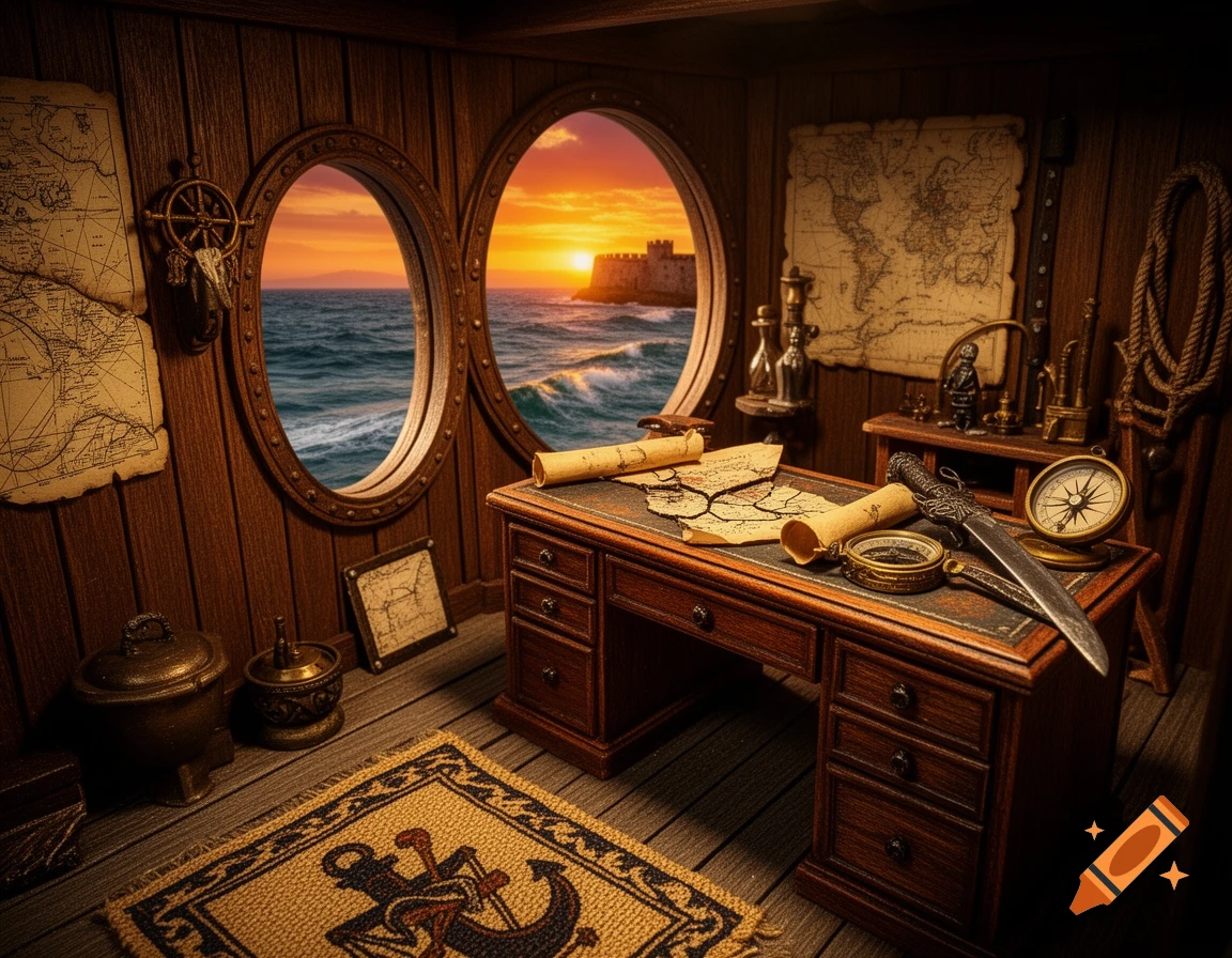Photorealistic pirate captain's cabin with a wooden desk, maps, compasses, and a dagger, overlooking a sunset sea and a fort through portholes.