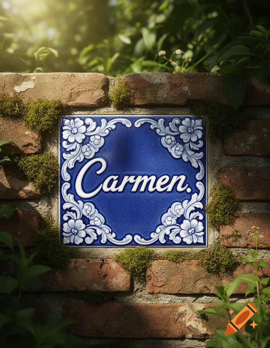 A blue ceramic tile with 'Carmen' in white script, framed by white flowers, attached to a mossy brick wall with green foliage.