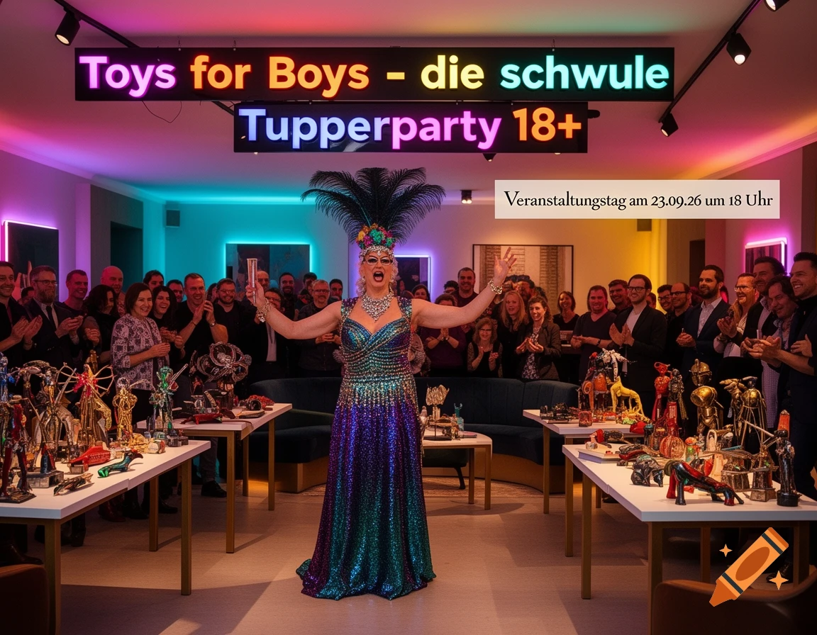 A drag queen in a sequined dress and feathered headpiece poses for a cheering crowd at a vibrant party under neon signs.