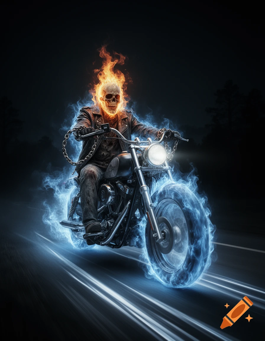 A flaming skull figure, resembling Ghost Rider, rides a motorcycle with glowing blue fiery wheels on a dark road.
