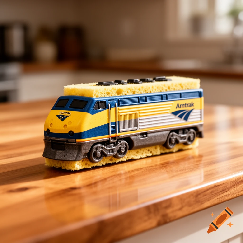 A blue and yellow Amtrak locomotive-shaped kitchen sponge sitting on a glossy wooden counter.