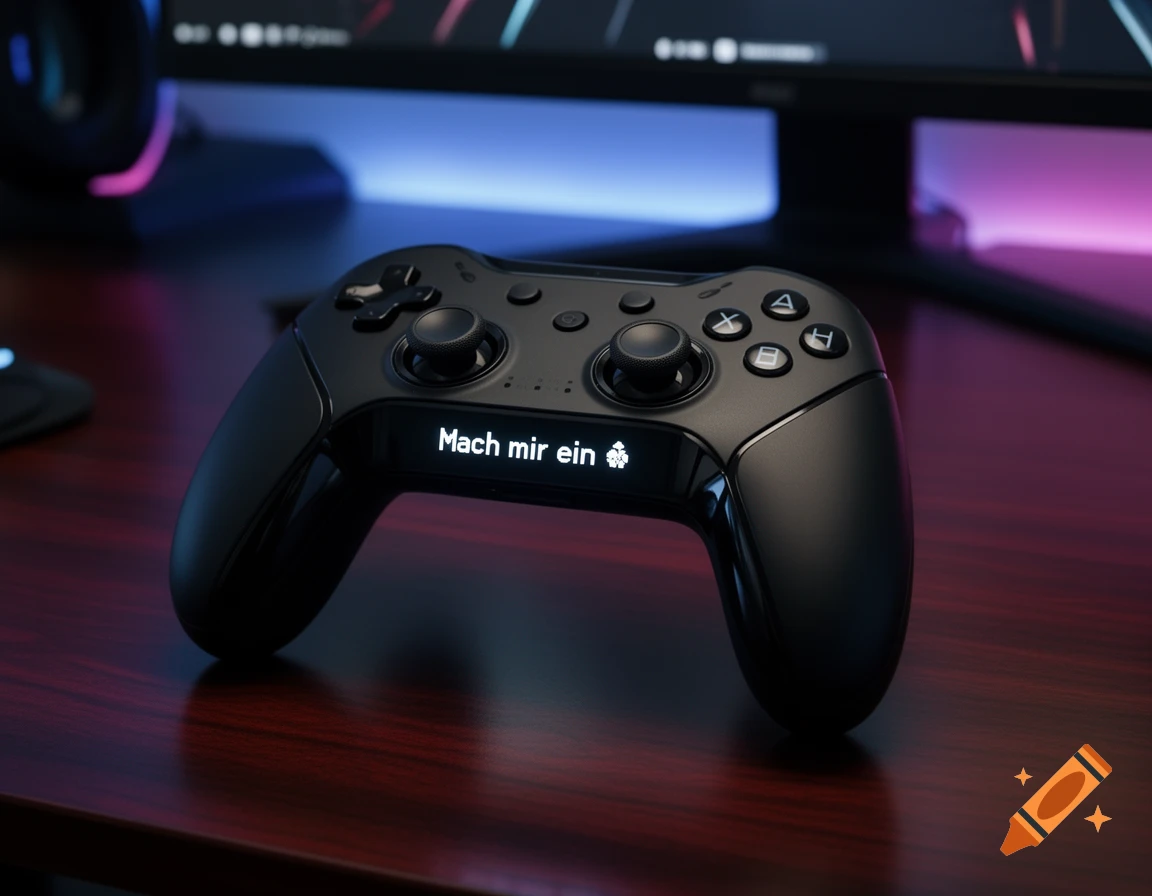 A black game controller with a screen displaying 'Mach mir ein ", and a controller emoji, on a dark wooden desk. Photorealistic.