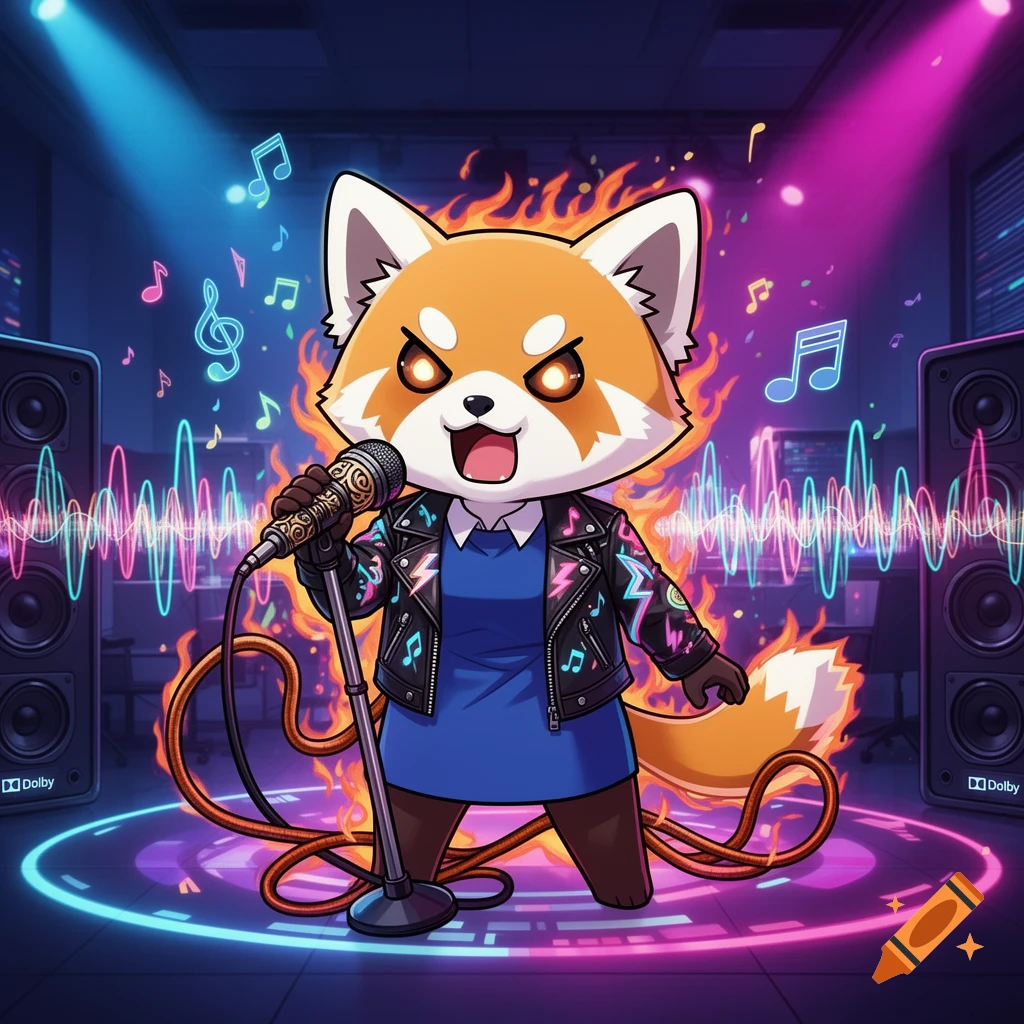 Anime red panda (Aggretsuko) singing into a mic with flames, musical notes, and speakers in a concert setting.