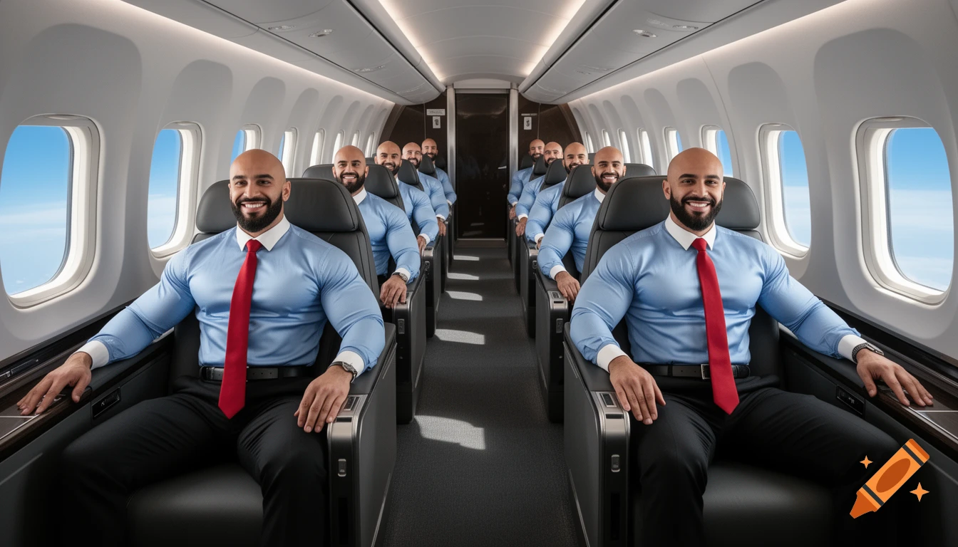 An airplane business class cabin filled with identical, smiling bald men with beards, wearing blue shirts and red ties.