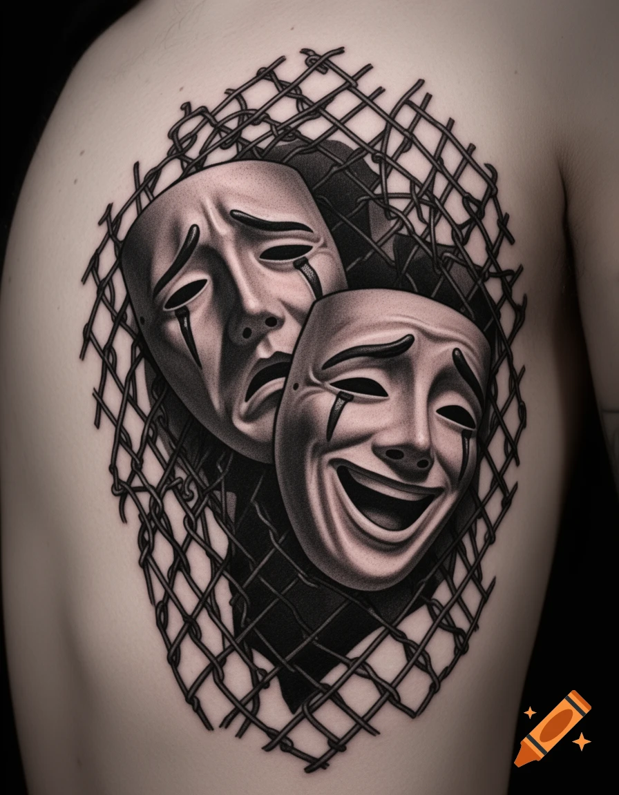 Realistic black and gray tattoo on a shoulder, featuring crying and laughing theatrical masks behind a chain-link fence.
