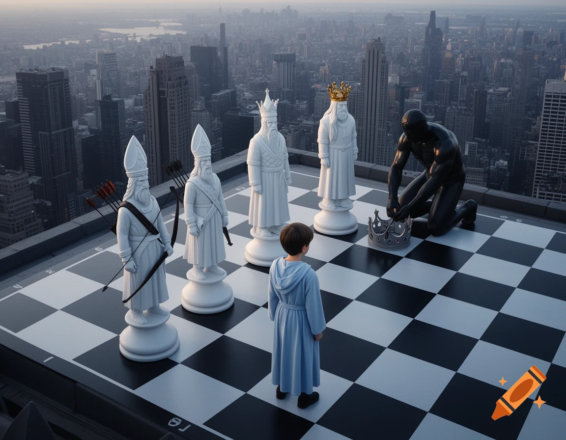 A child in a blue robe stands on a giant rooftop chessboard overlooking a city, surrounded by large white chess pieces, as a black king kneels removing his crown.