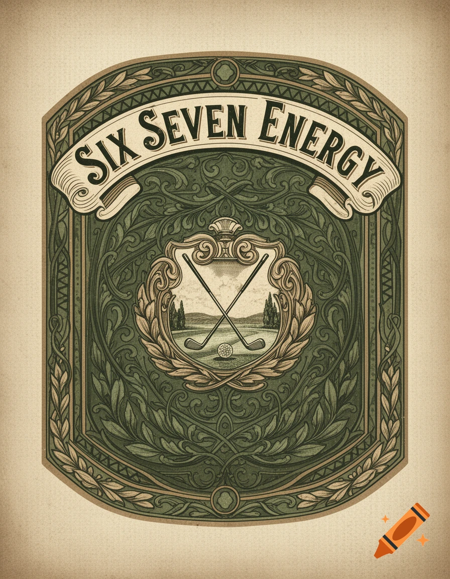Vintage green golf label with ornate border, a crest showing crossed golf clubs and a ball. A banner reads "SIX SEVEN ENERGY".