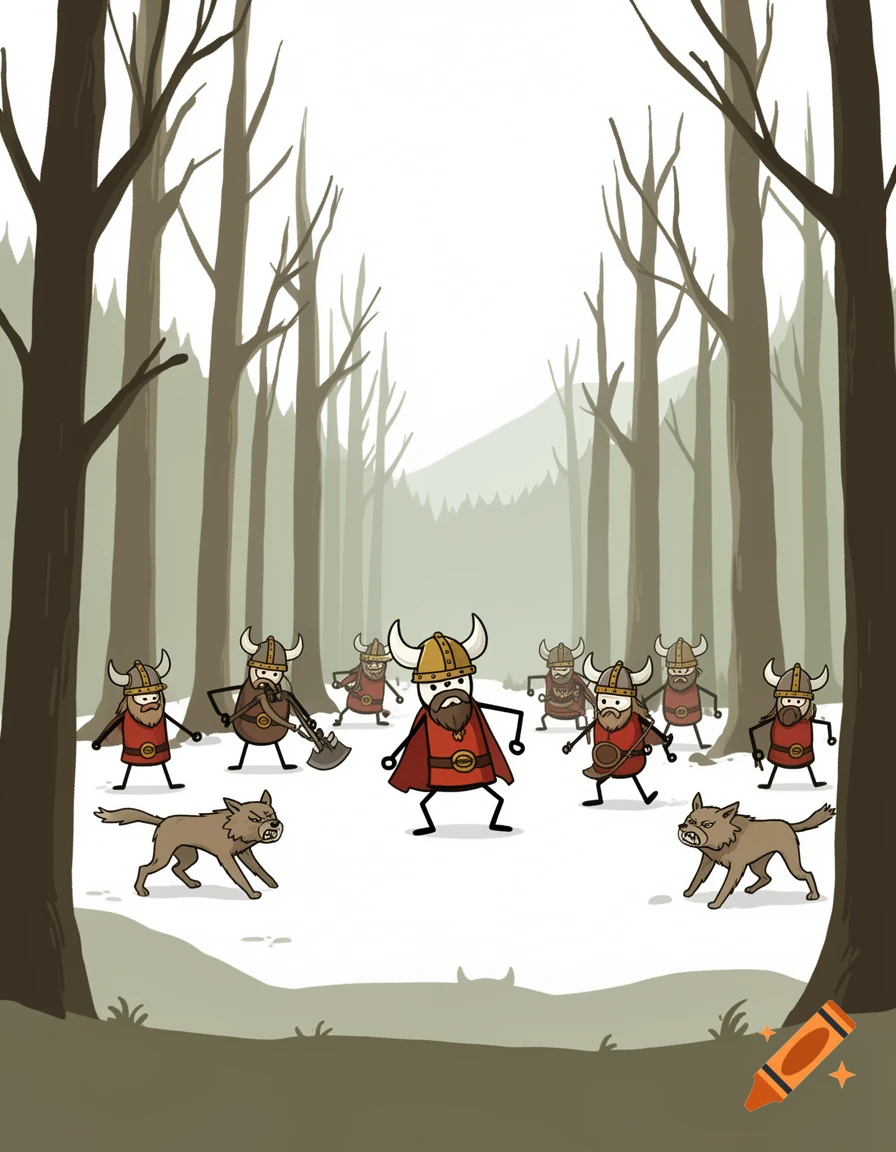 Minimalist 2D cartoon of stick-figure Vikings surrounded by wolves in a snowy forest, with one prominent Viking.