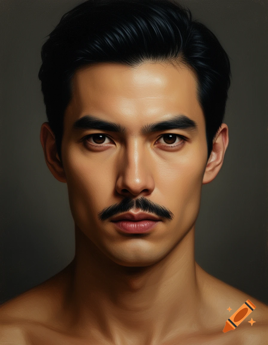 A high-quality oil painting portrait of a man with dark hair and a black mustache, looking directly at the viewer.