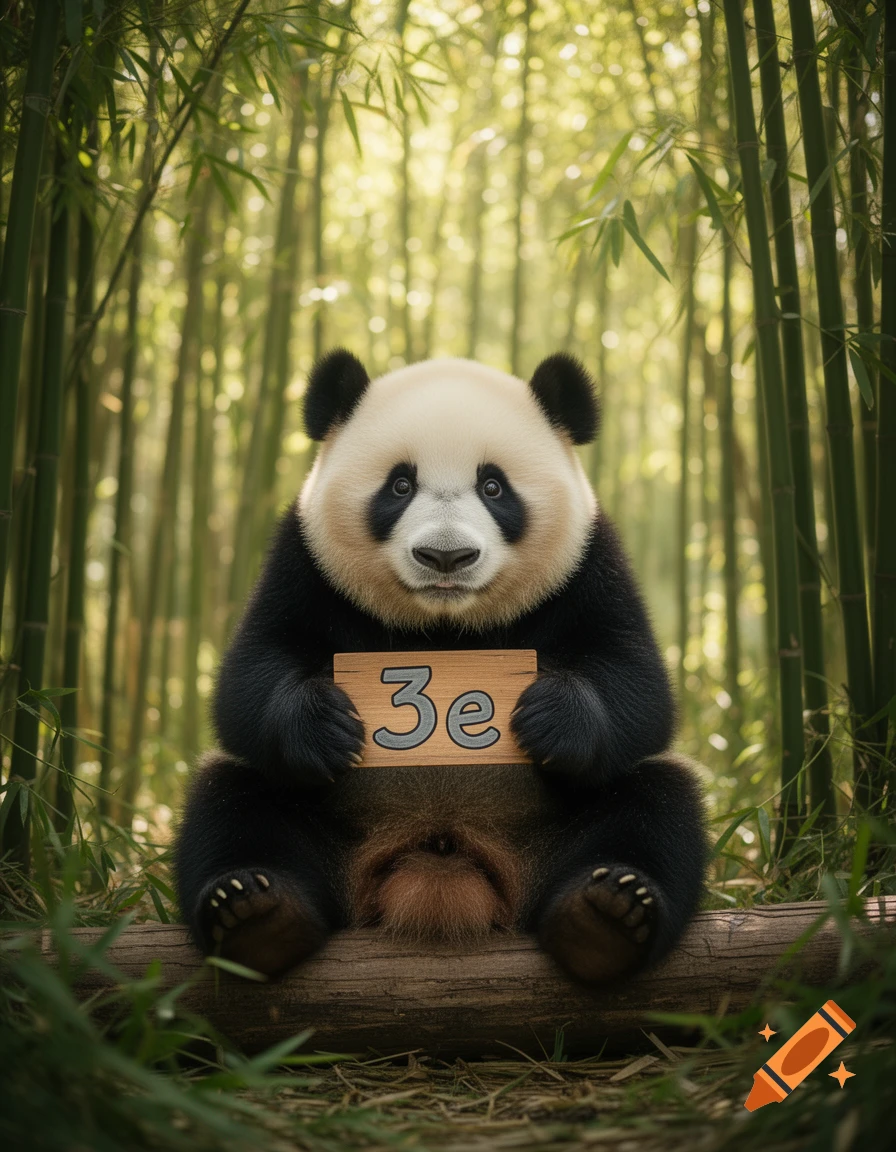 A cute panda sits on a log in a lush bamboo forest, holding a small wooden sign that reads "3e".