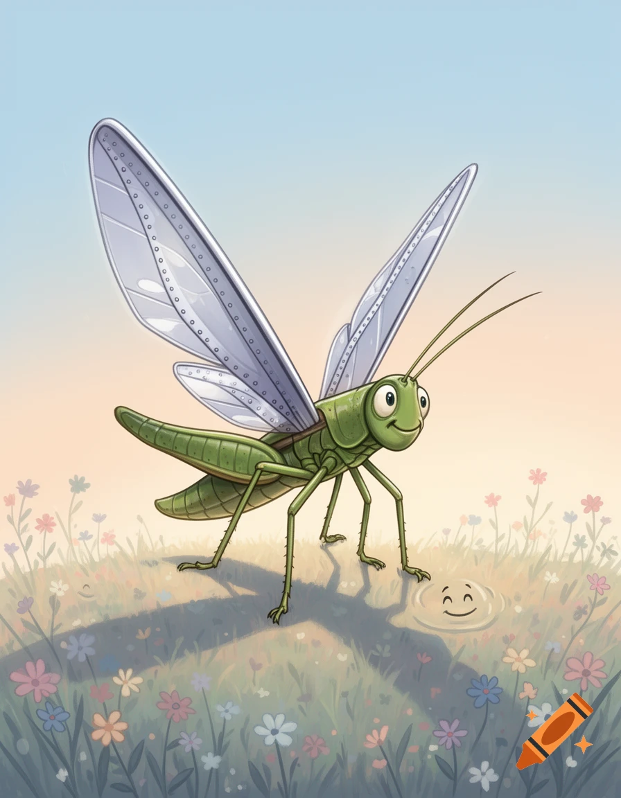A cartoon green grasshopper with large metallic wings stands in a field of colorful flowers, looking at a puddle with a smiley face.