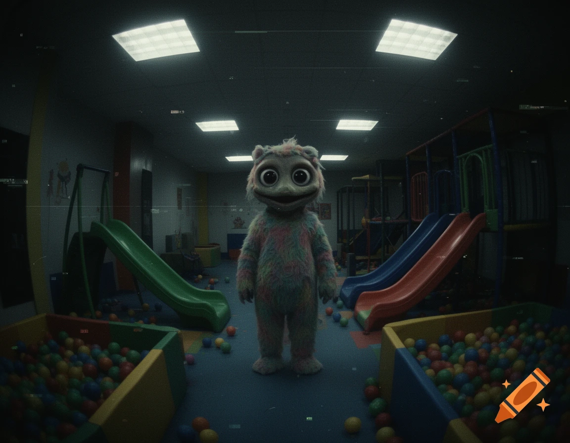 A creepy, furry monster mascot with large eyes stands in a dimly lit, abandoned children's play area with slides and ball pits, like CCTV footage.