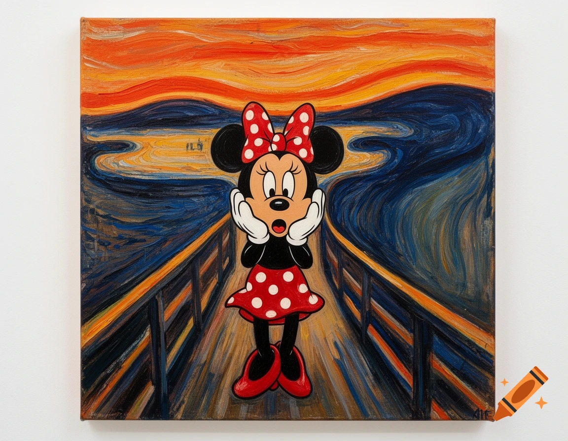 Minnie Mouse screaming with hands on her cheeks, on a bridge, in the expressionist oil painting style of Edvard Munch's 'The Scream'.