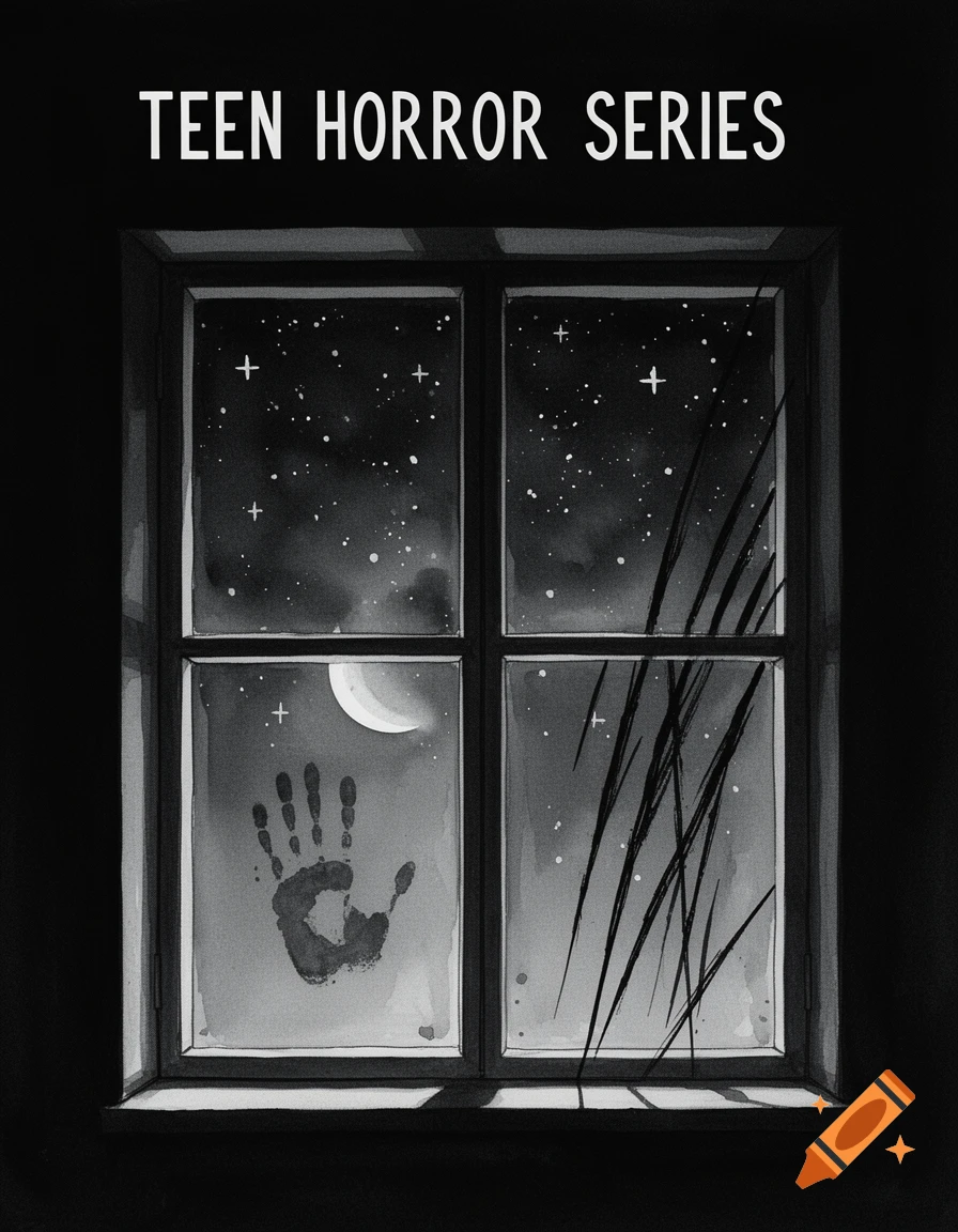 Monochrome ink-wash illustration of a creepy window at night, with a handprint and scratches on the glass, and text 'TEEN HORROR SERIES'.