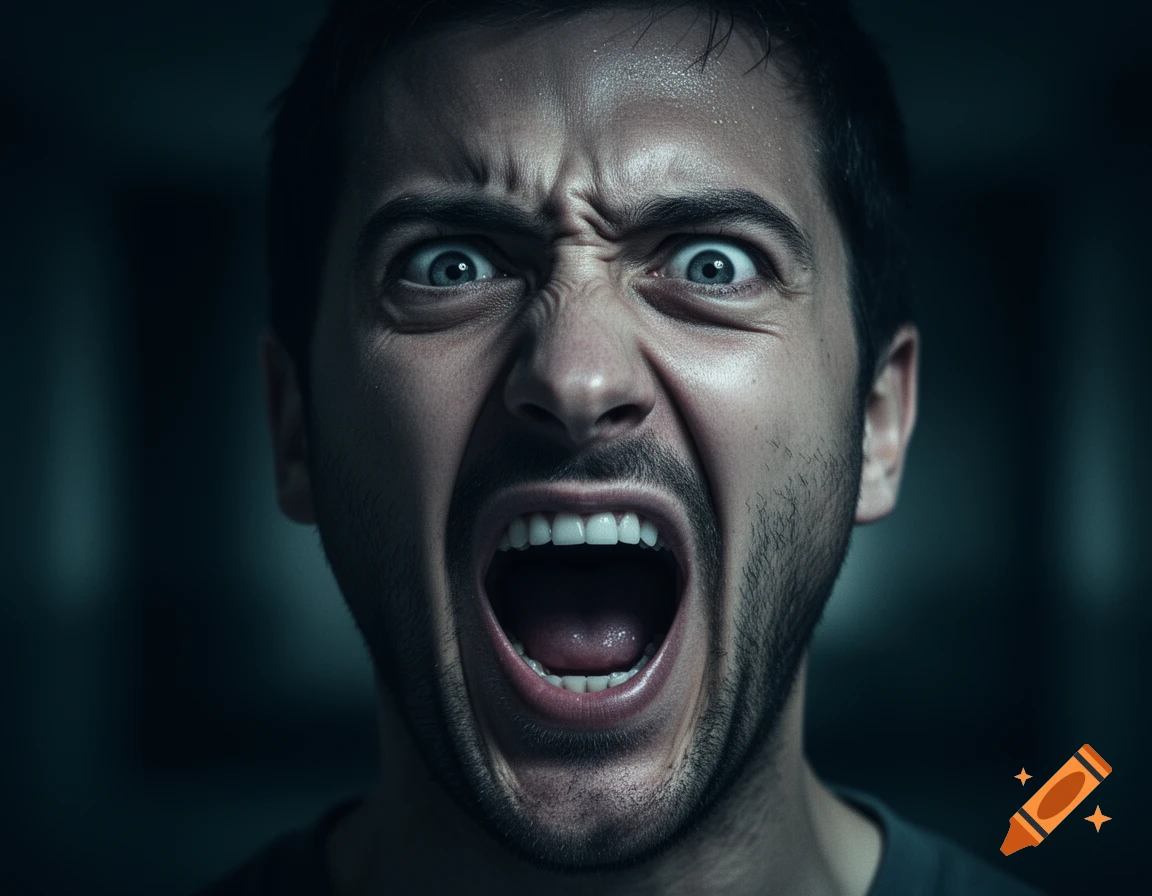 Close-up of a man with wide, frantic eyes and an open mouth, screaming in distress, against a dark background.