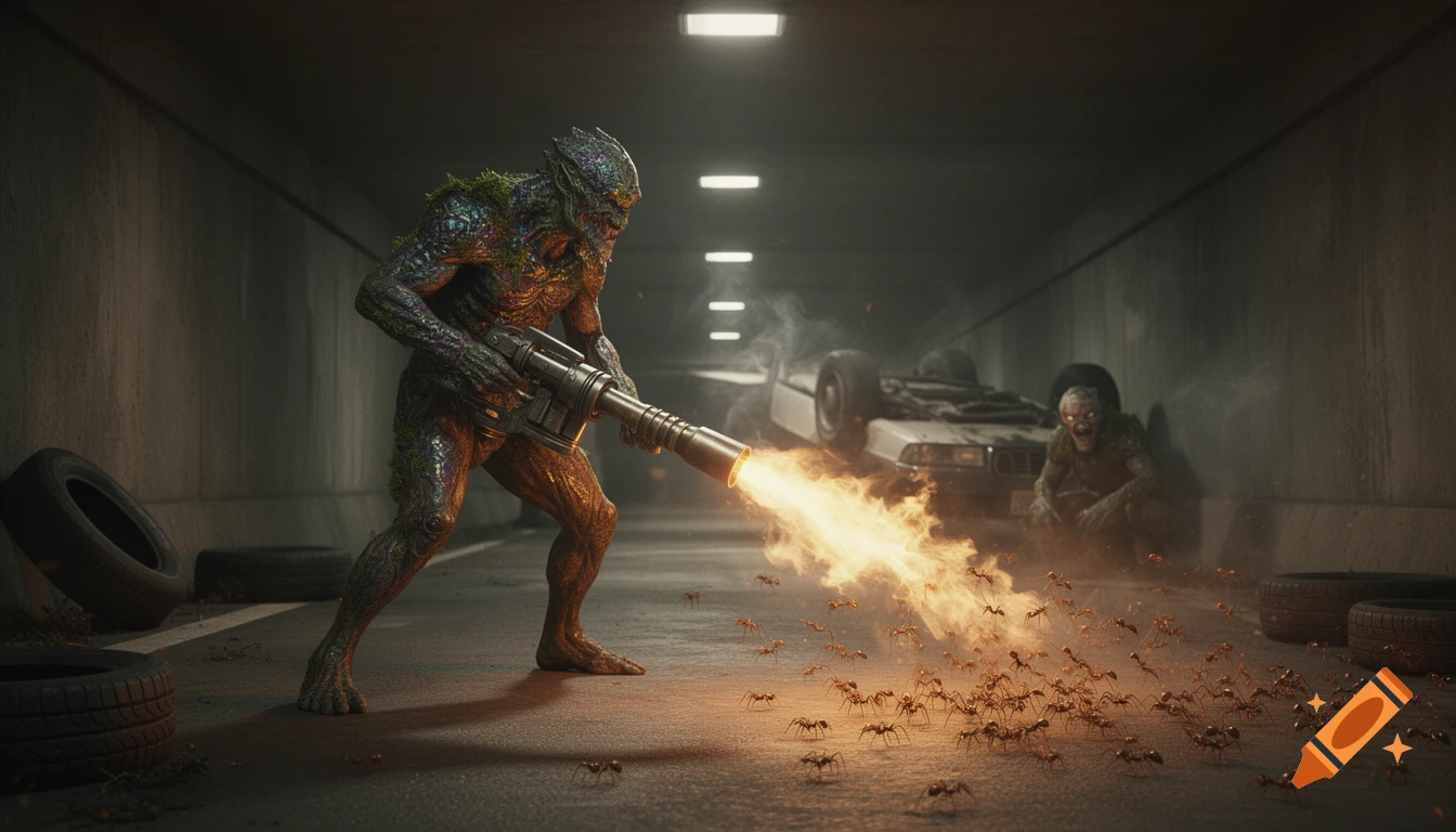 A photorealistic mutant uses a flamethrower on ants in a dark tunnel, with a crashed car and zombie.