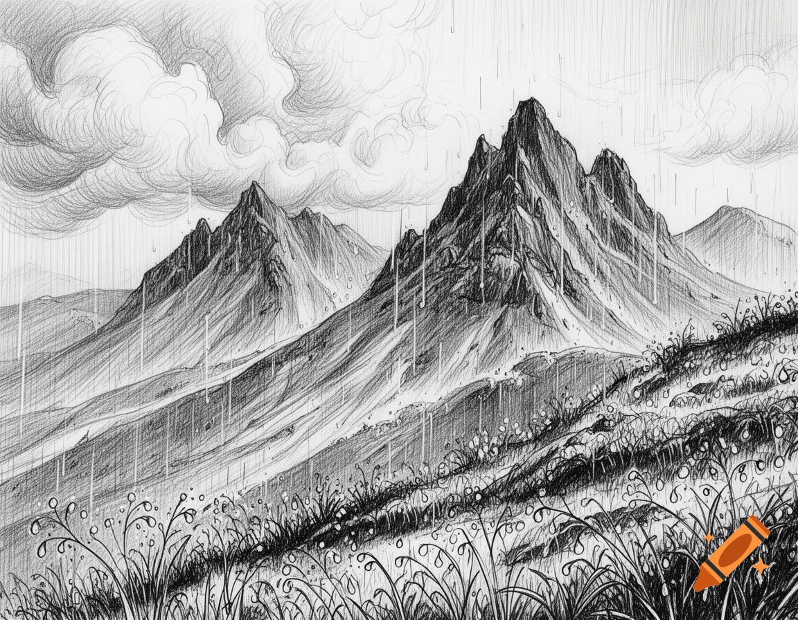 Pen and ink sketch of a rugged mountain range under a cloudy sky with rain falling, and dewy grass in the foreground.