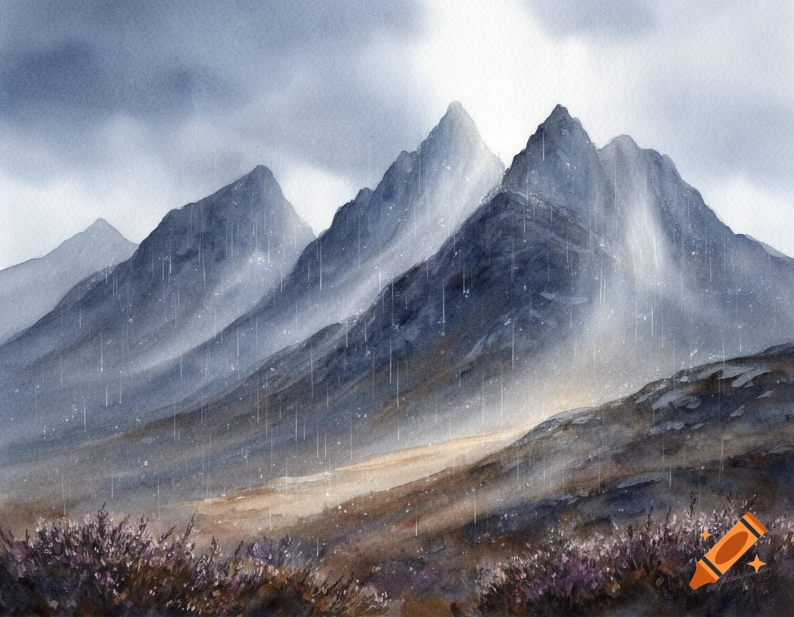 Watercolor painting of rugged mountains under a stormy, rainy sky with sun rays breaking through, and purple heather in the foreground.