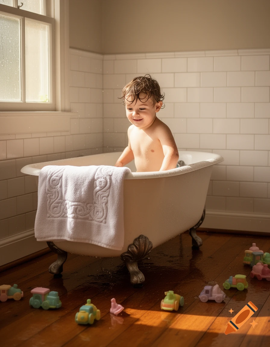 A smiling toddler with wet hair stands in a white clawfoot bathtub, surrounded by colorful toy cars on a wet wooden floor.