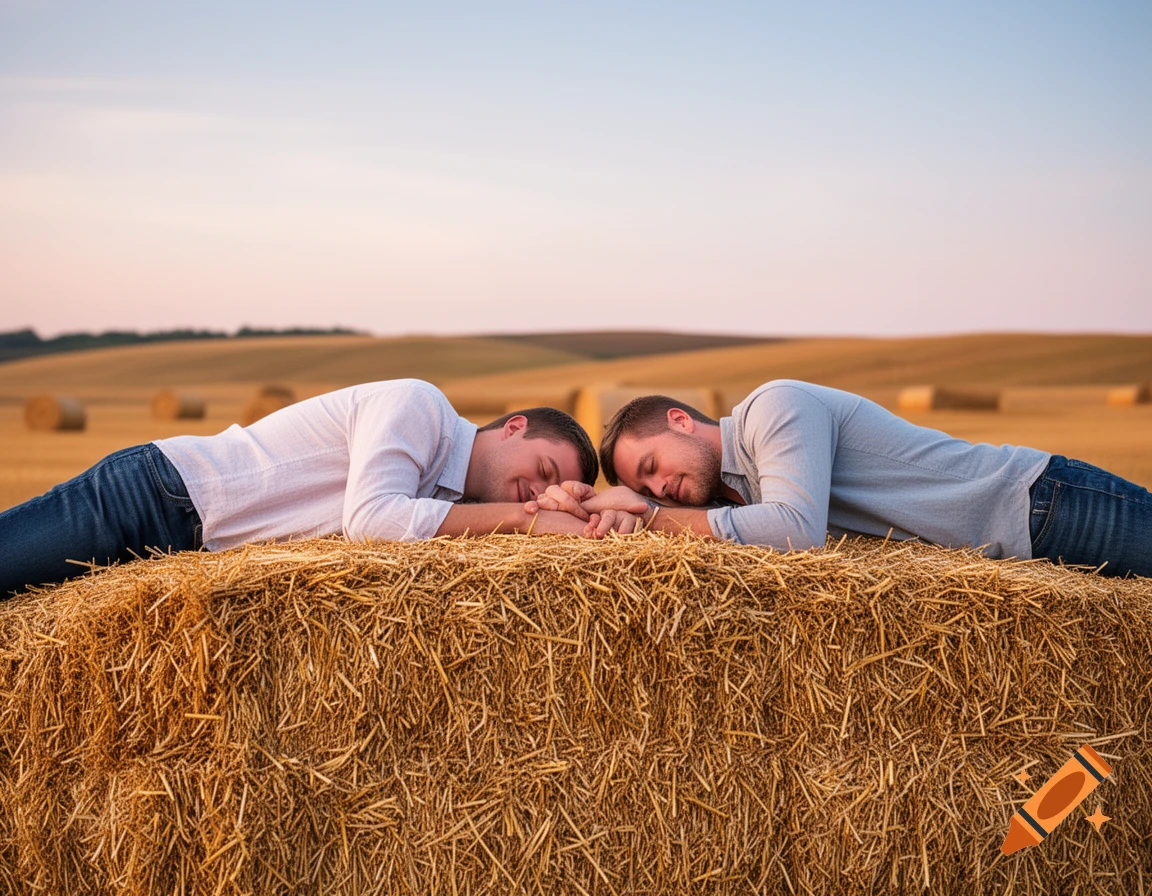 Two men lie face to face, holding hands on a large hay bale in a field at sunset.