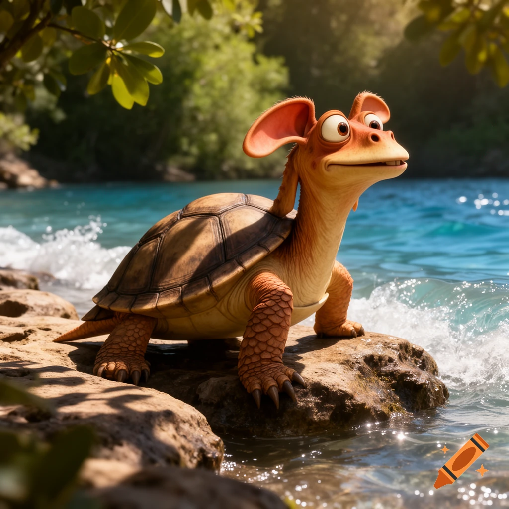 A cartoonish turtle with big ears and large eyes, resembling Jar Jar Binks, stands on rocks by a blue lake.