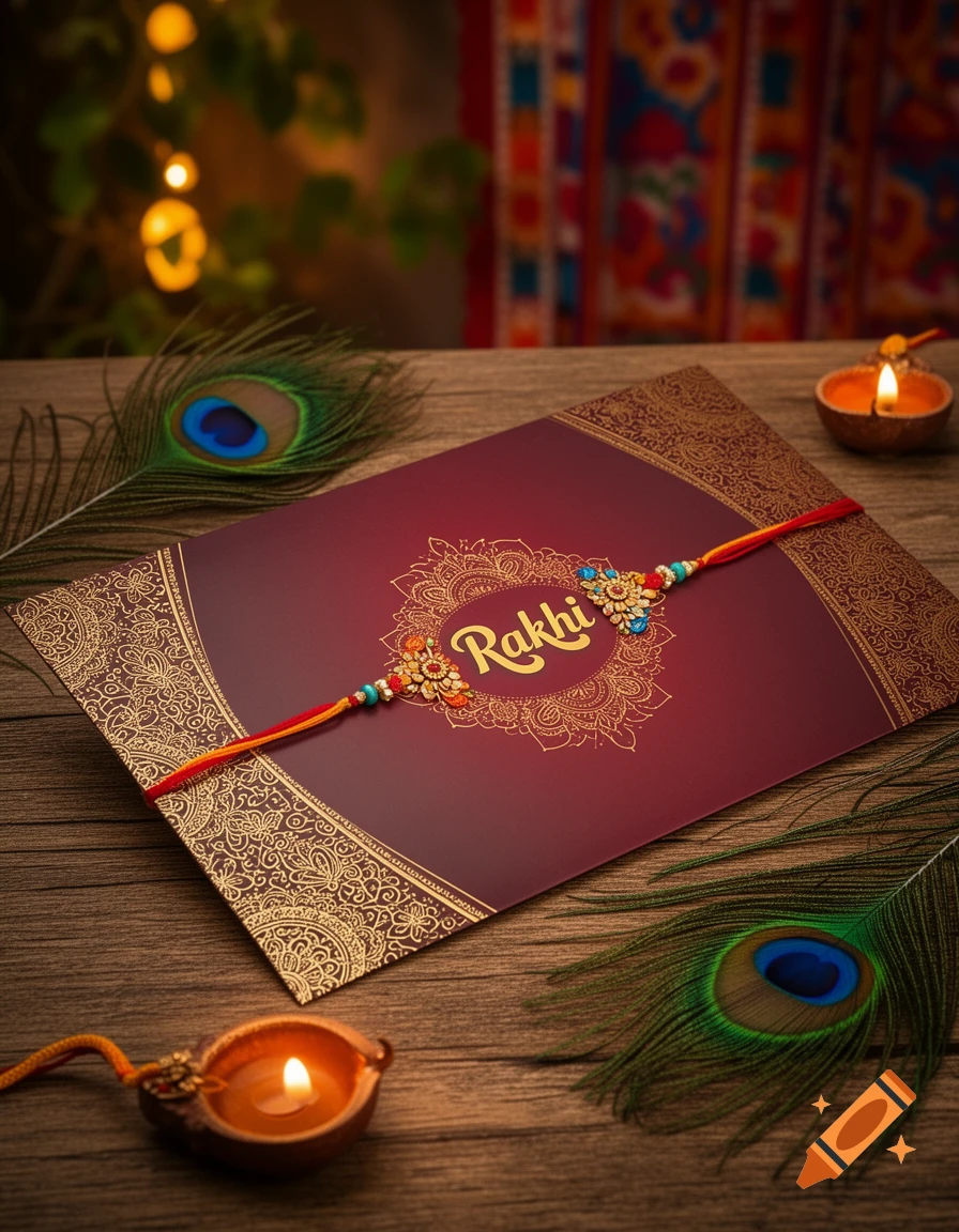 A decorative Rakhi bracelet on a maroon card with gold patterns, flanked by peacock feathers and lit oil lamps on a wooden surface.