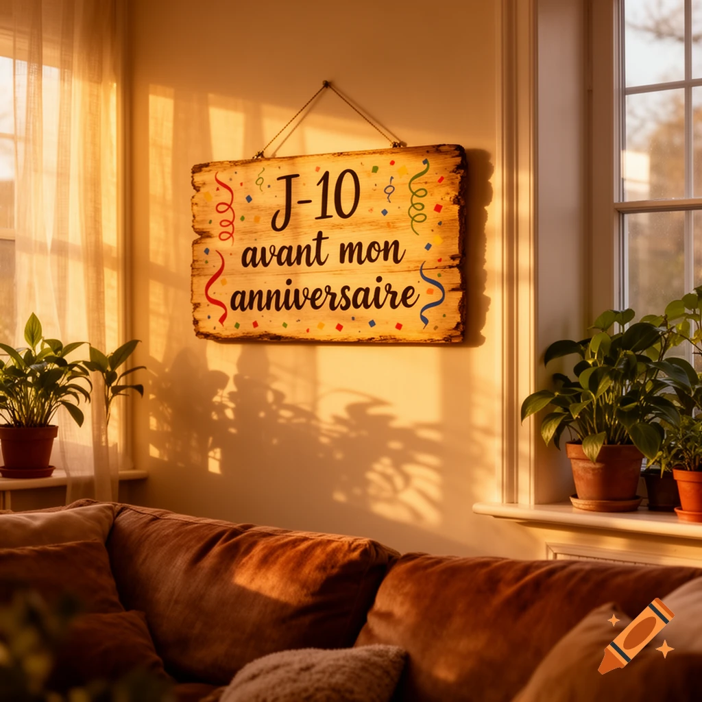 A cozy living room with golden sunlight and potted plants. A wooden sign on the wall reads "J-10 avant mon anniversaire" with confetti.