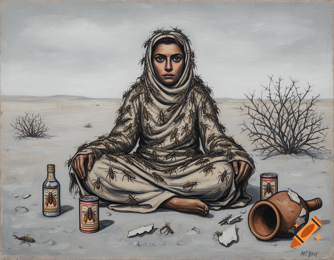 An Art Brut painting of a woman in robes, covered in locusts, sitting in a desert with whiskey bottles/cans and a broken pot.