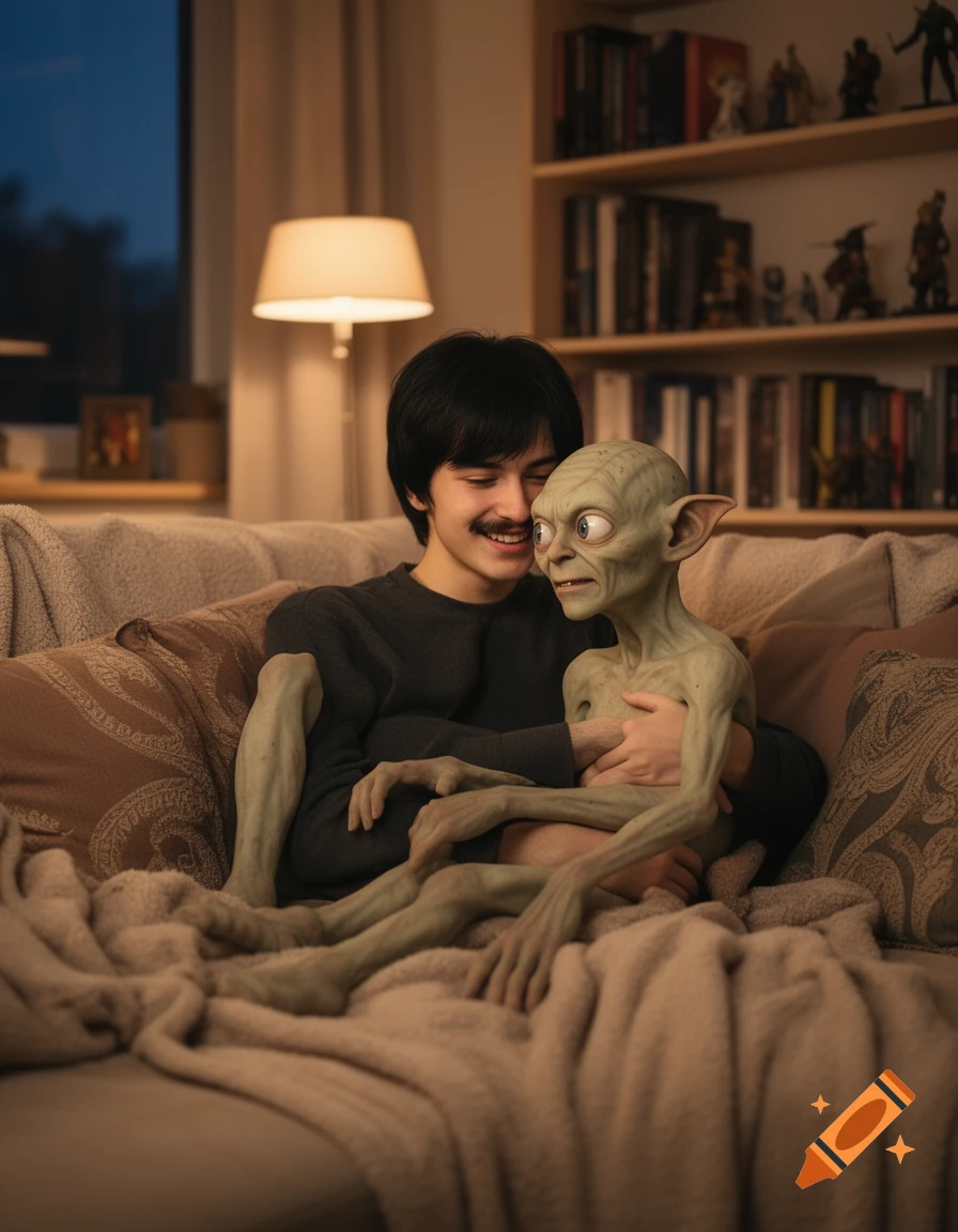 A man with a mustache embraces a realistic Gollum on a couch in a warmly lit living room at night.