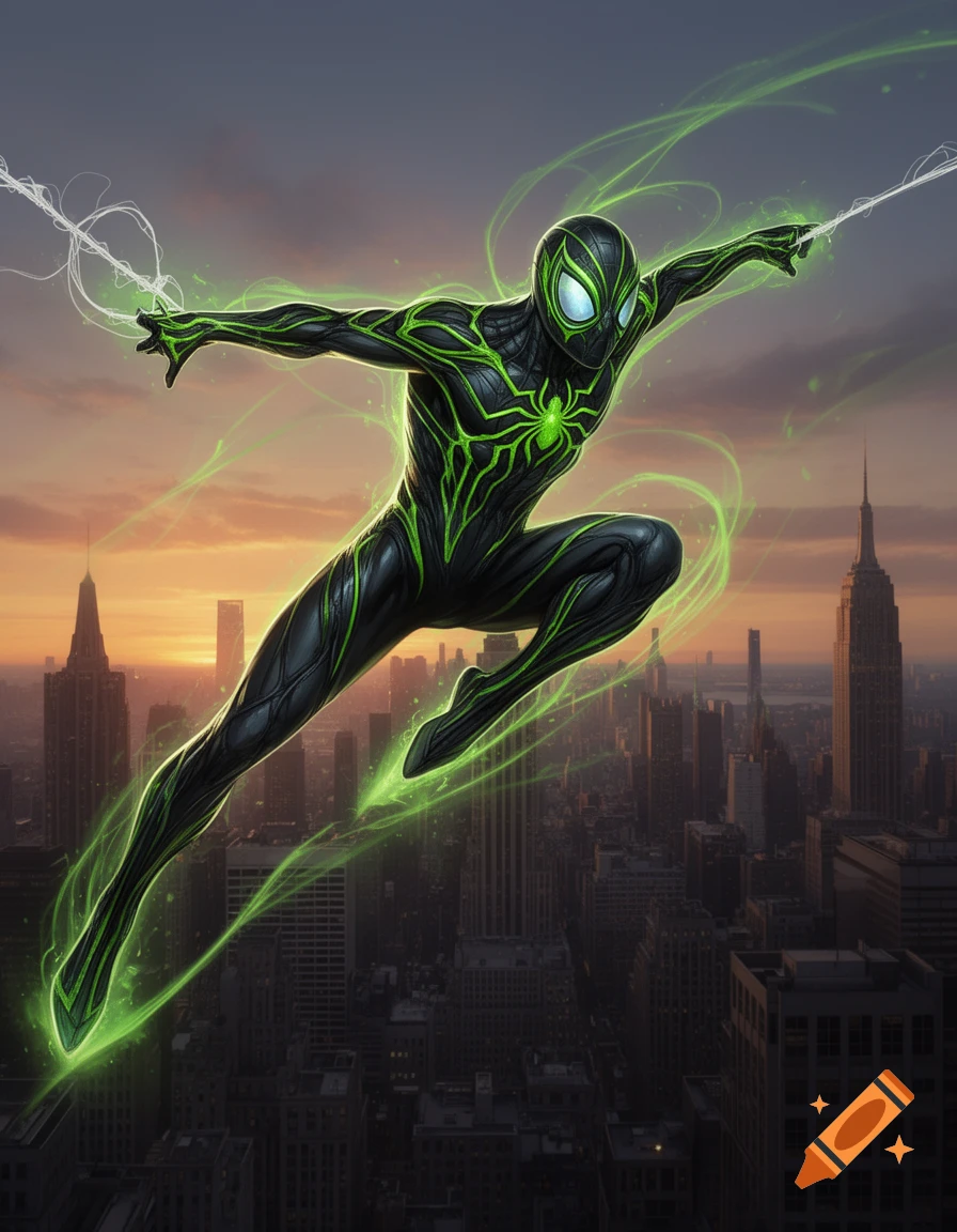 A black and neon green Spider-Man variant swings over a city skyline at sunset, leaving glowing energy trails.