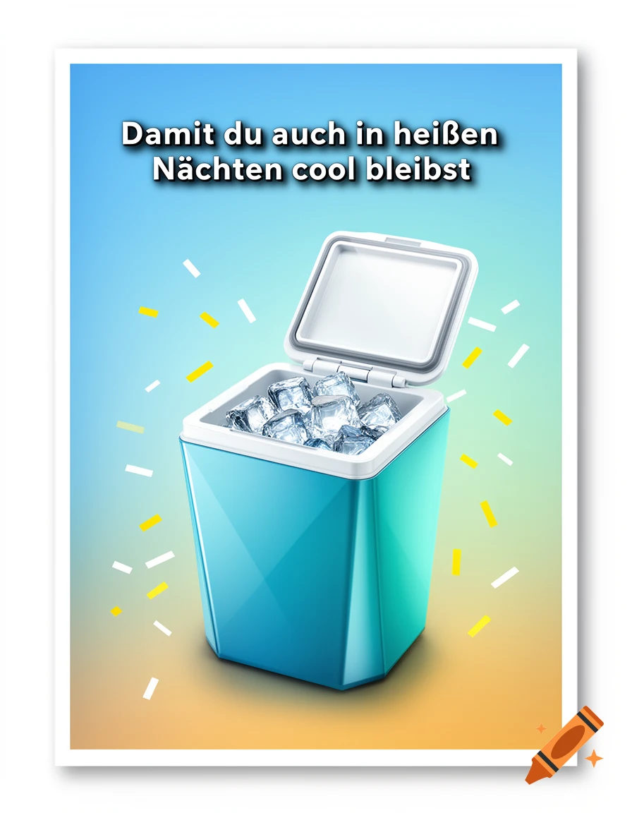 Vibrant poster of an open blue cooler filled with ice cubes, text about staying cool on hot nights, gradient background.