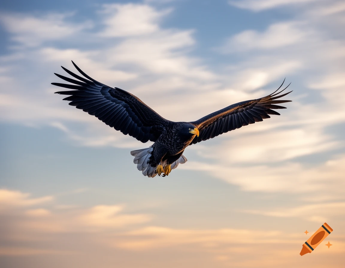 A majestic black eagle with wings spread soars against a vibrant sunset sky with scattered clouds.