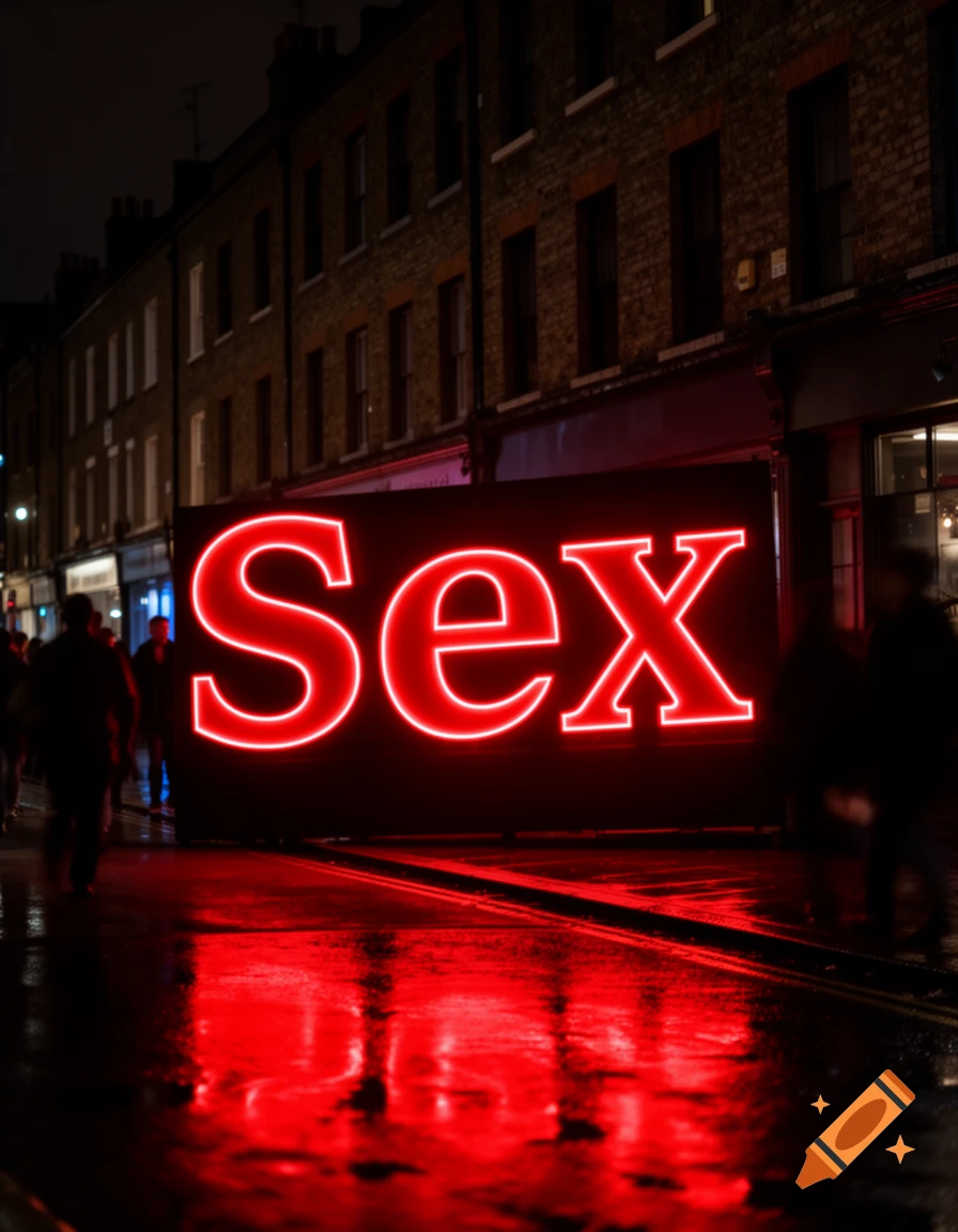 Large red neon sign spelling 'Sex' illuminates a wet city street at night, with reflections on the ground and blurry figures.