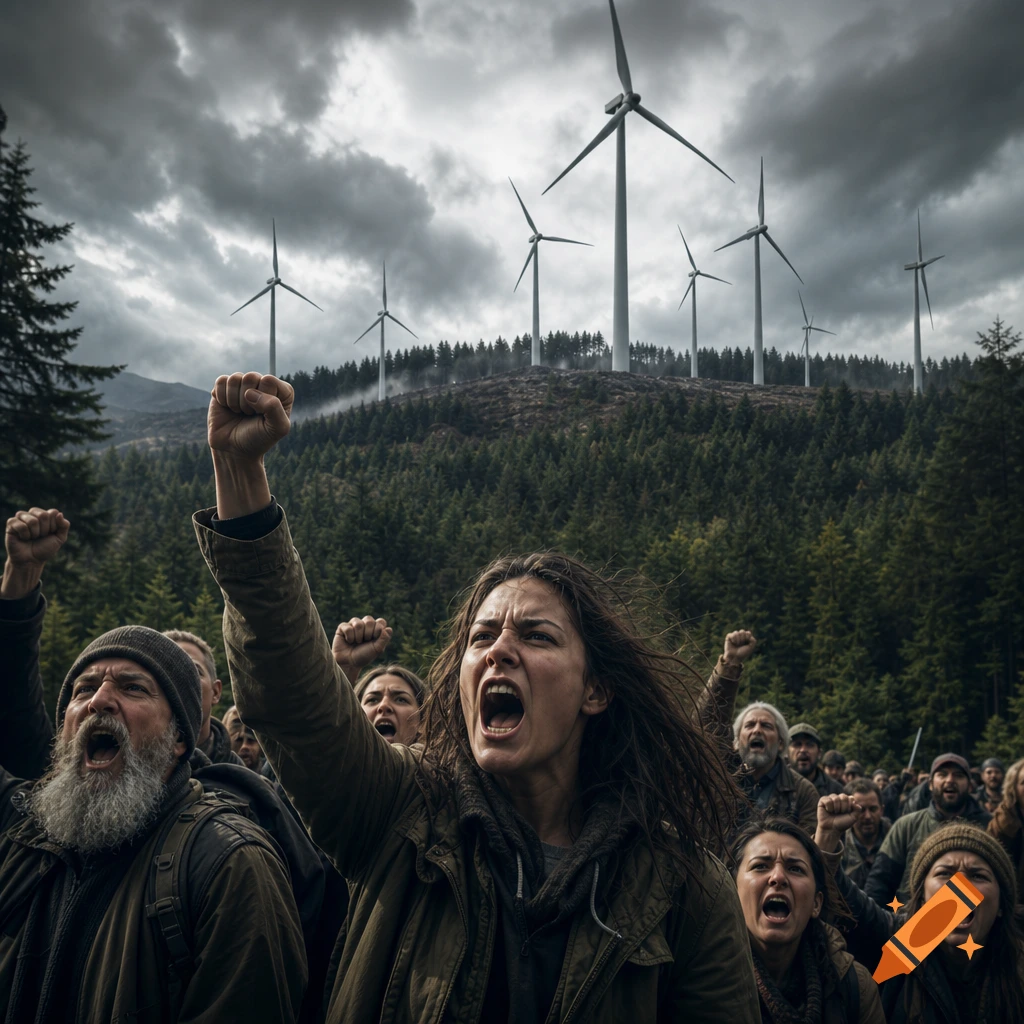 A photorealistic angry crowd protests against wind turbines on a forested hill under a cloudy sky, yelling and raising fists.