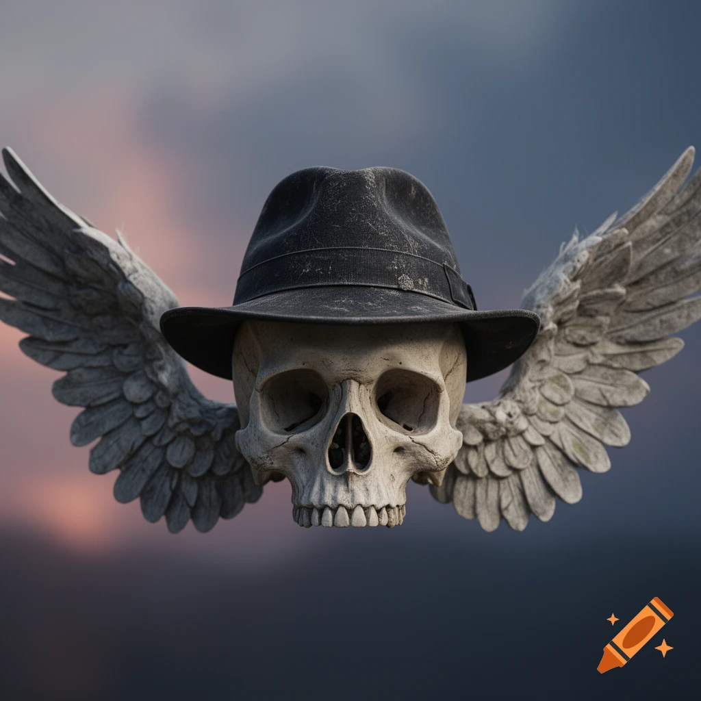 A detailed skull wearing a black fedora hat, with large gray feathered wings extending from its sides, against a cloudy sky.