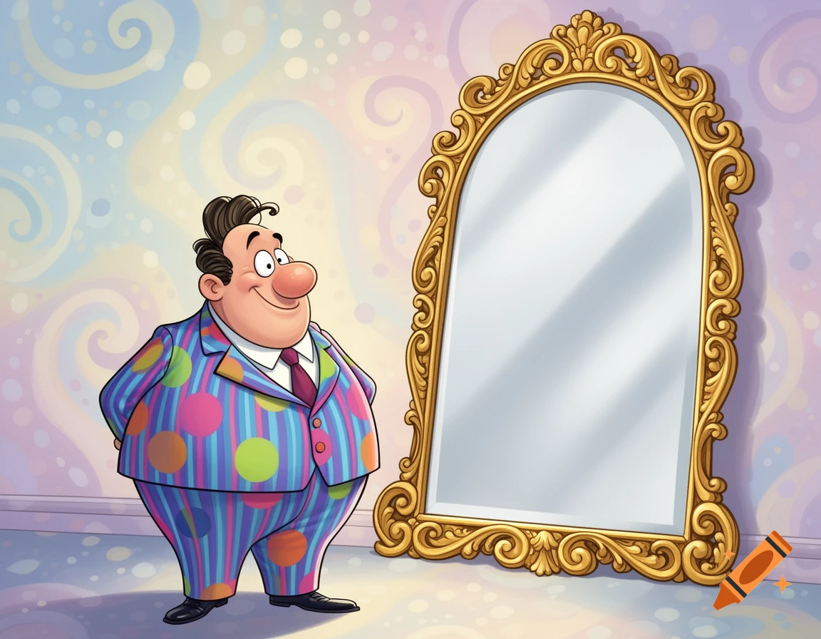 A cheerful cartoon man in a vibrant, polka-dotted and striped suit smiles at an ornate golden mirror with no reflection.