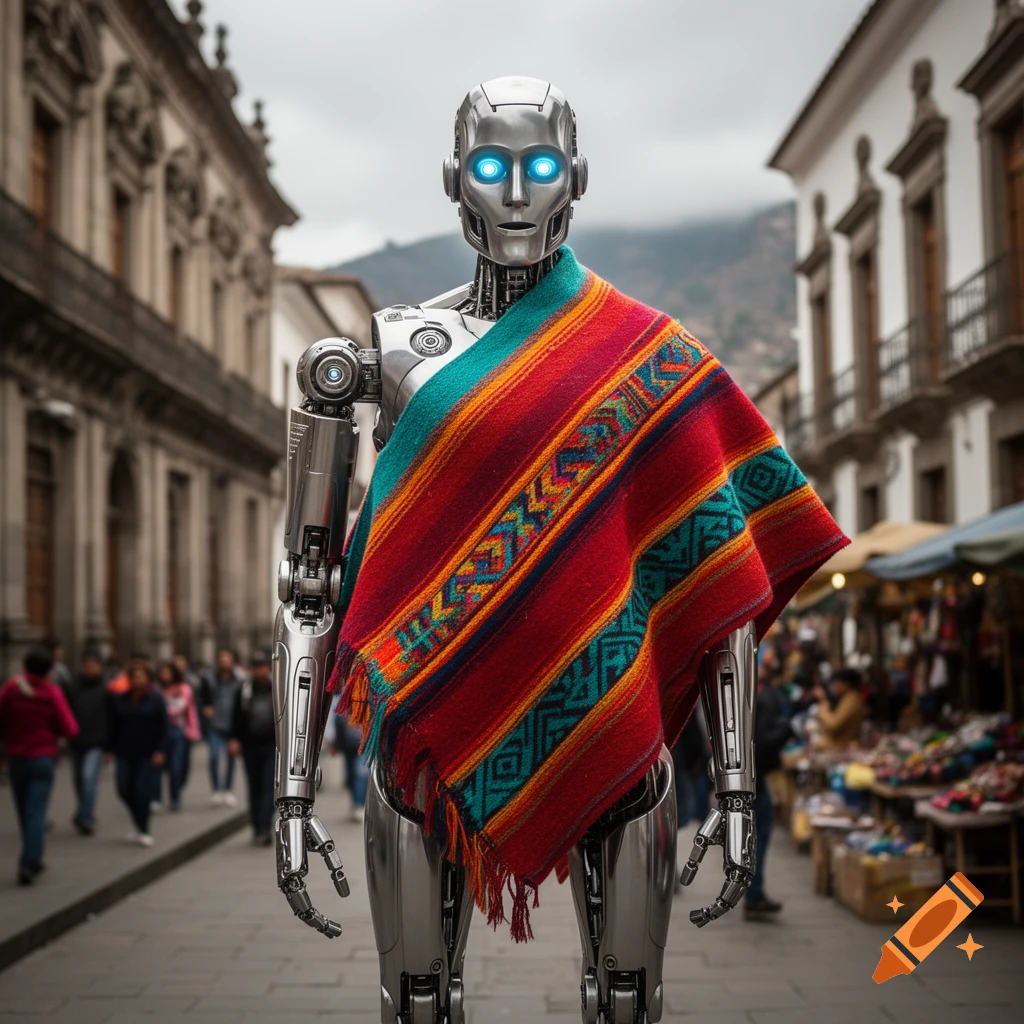 A silver robot with glowing blue eyes stands on a city street, wearing a vibrant red, orange, and teal patterned poncho.