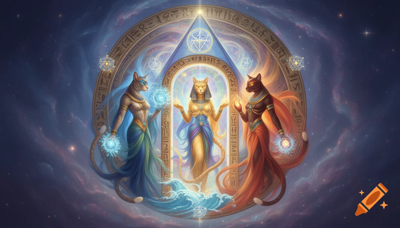 Three regal feline goddesses with glowing eyes and flowing robes stand within a mystical golden gate surrounded by hieroglyphs and cosmic patterns.
