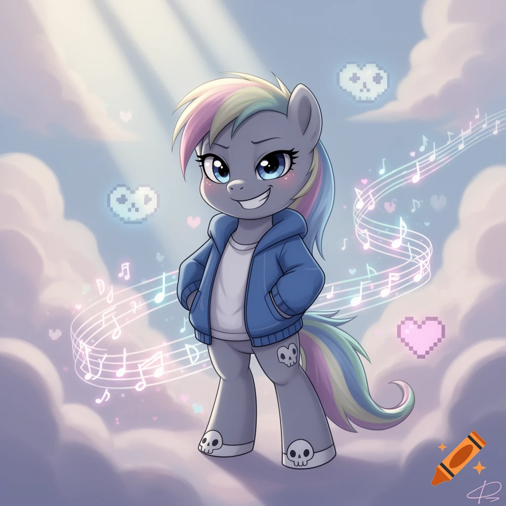 A cartoon gray pony with a rainbow mane wears a blue hoodie, standing in clouds with floating musical notes, pixelated skulls, and hearts.