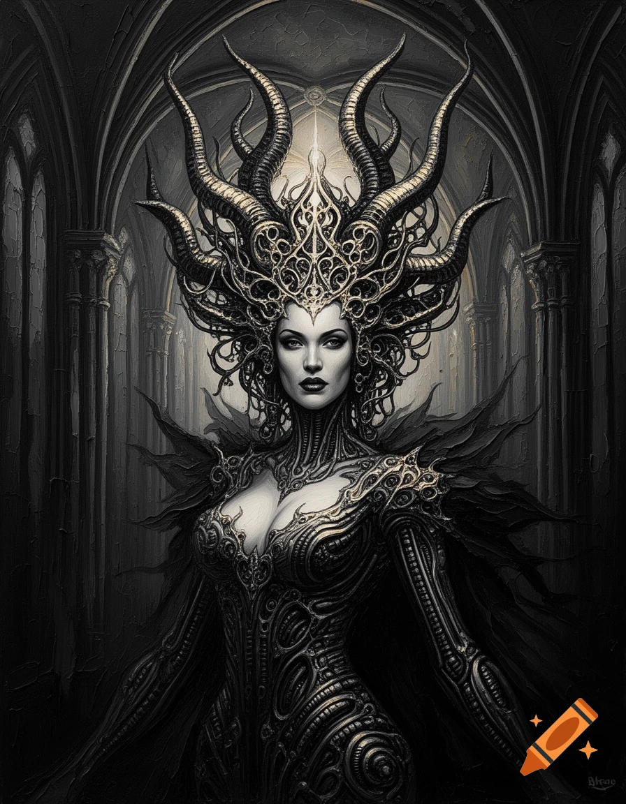 A gothic empress with a towering horned headdress and biomechanical armor stands in a cathedral, in a sculptural oil painting style.