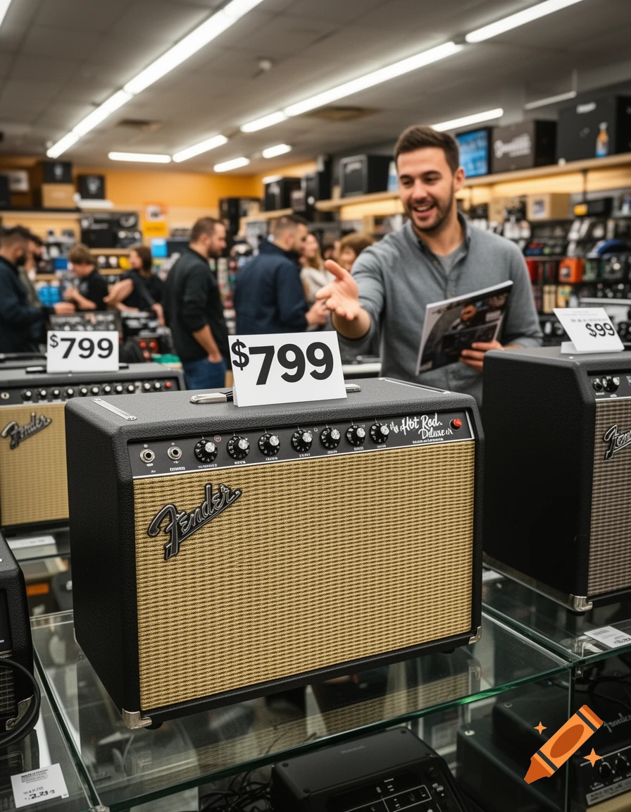 A smiling man holding a magazine gestures towards a Fender Hot Rod Deluxe IV amplifier on display in a music store, with other amplifiers and customers in the background.
