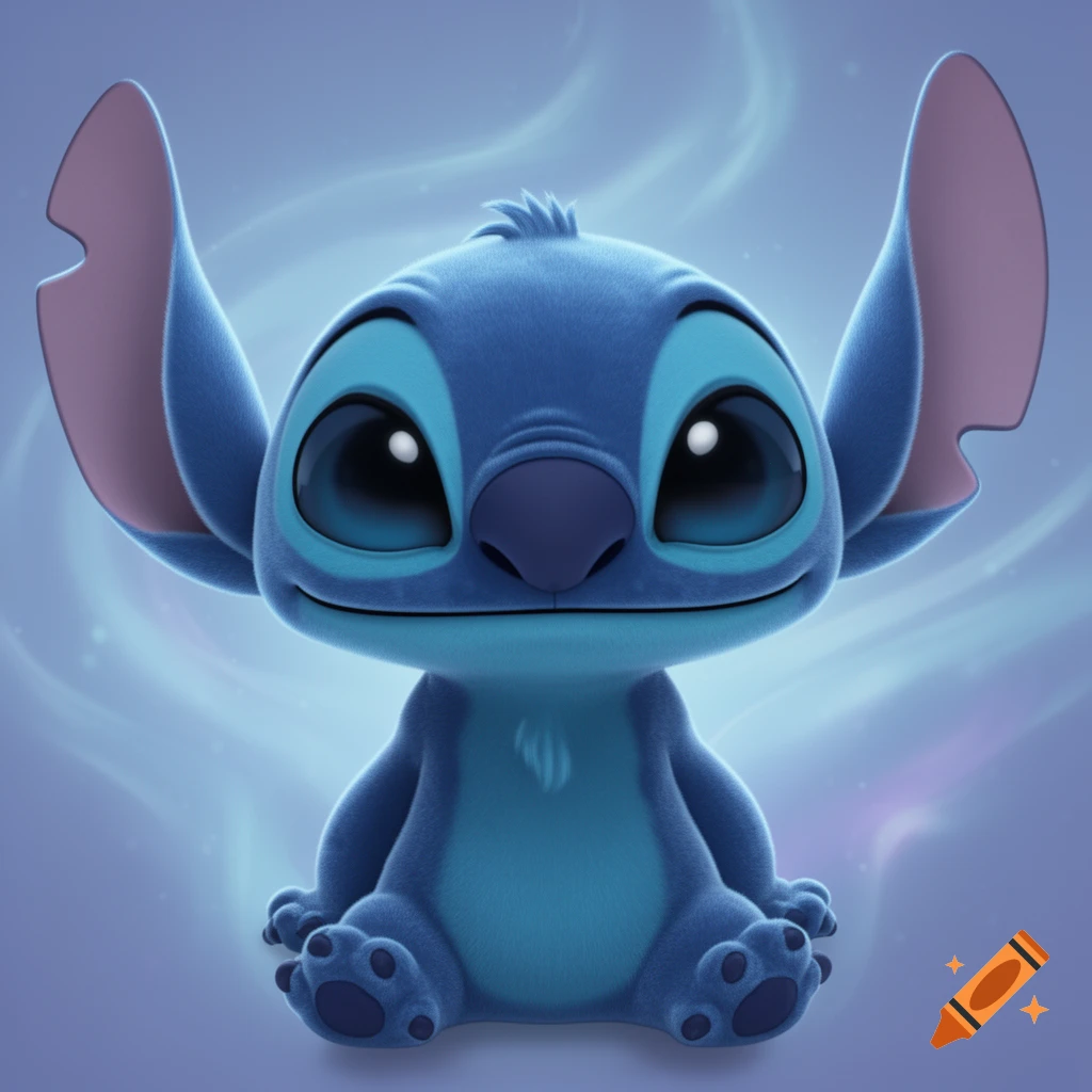 A cute, fluffy blue Stitch character sits with a big smile against a glowing blue background.