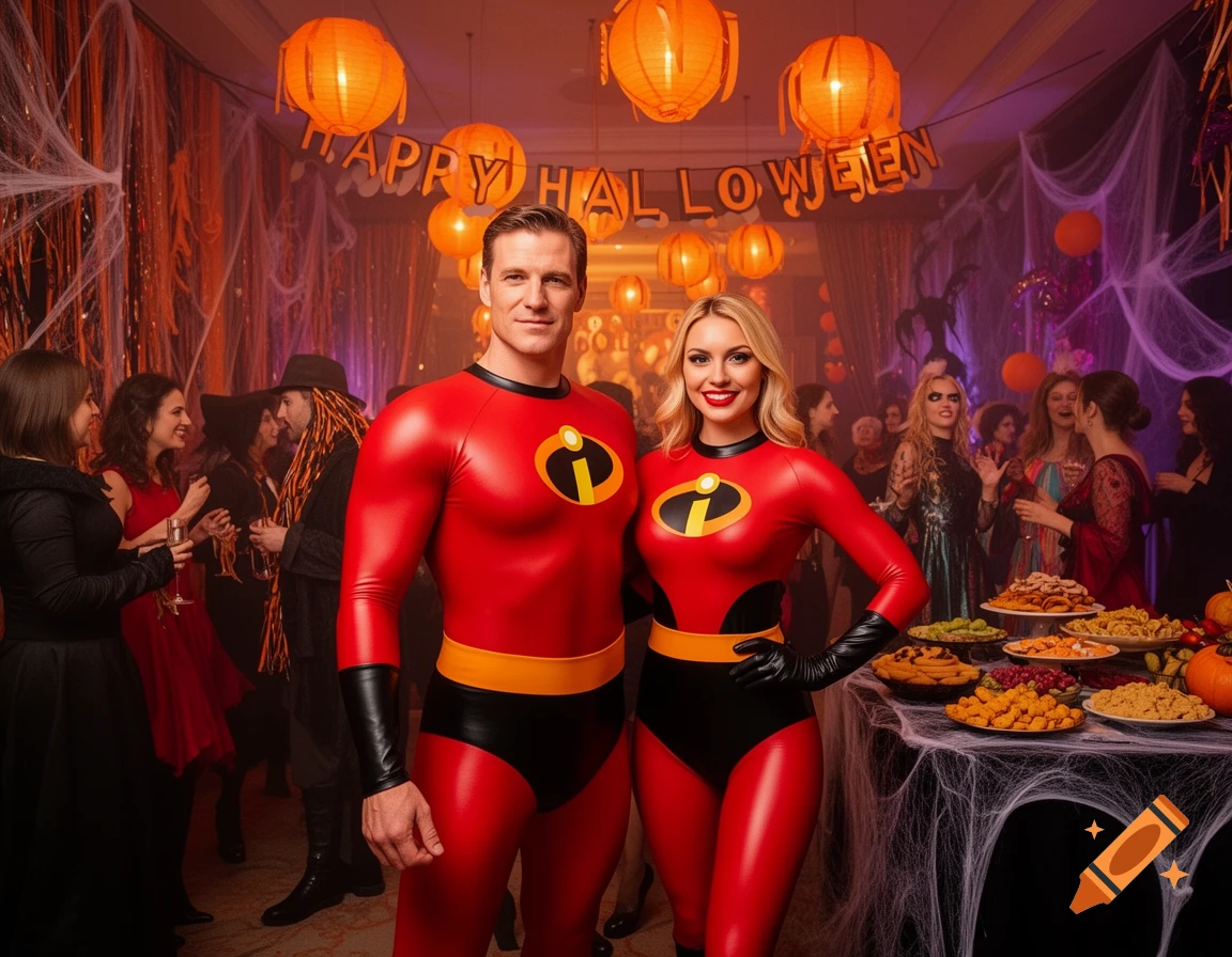 A man and woman in red Mr. and Mrs. Incredible latex catsuits pose at a festive Halloween party decorated with spiderwebs and orange lanterns.