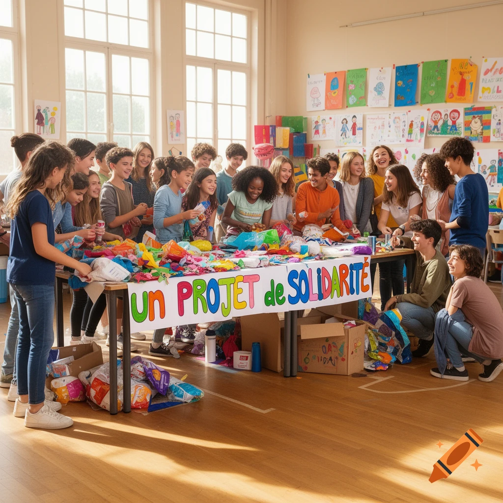 A diverse group of students sorts colorful items around a table with a 'UN PROJET de SOLIDARITE' banner in a bright classroom.