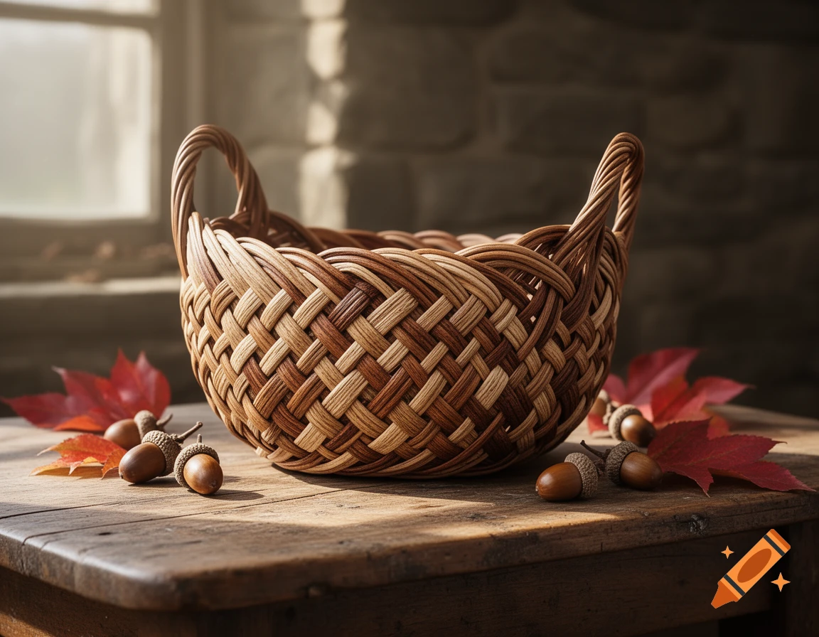 A woven basket, red autumn leaves, and acorns sit on a rustic wooden table by a window, bathed in soft light.
