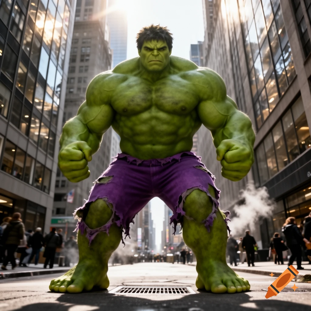 Photorealistic image of the Hulk, massive and green, standing in a sunny city street.