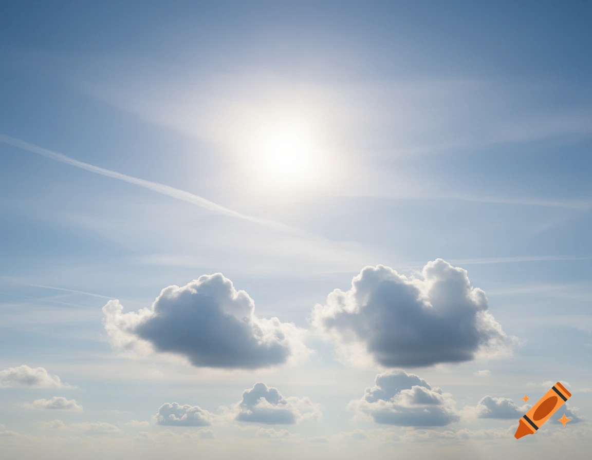 A bright sun shines in a clear blue sky with several fluffy white cumulus clouds and a faint airplane contrail.