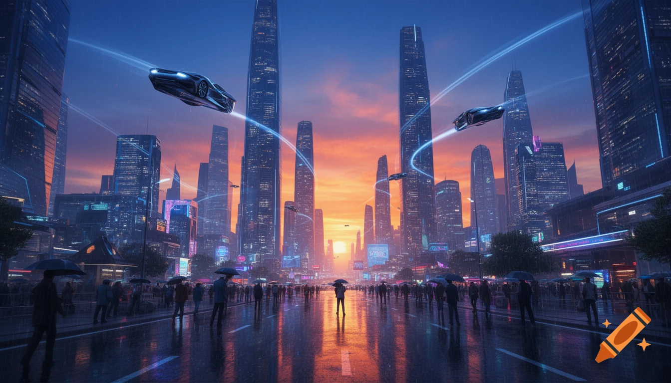 Futuristic city at sunset with towering skyscrapers, flying cars, and people with umbrellas on a rainy, reflective street.