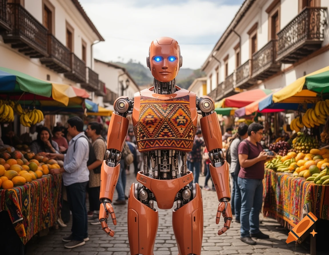 An orange robot with glowing blue eyes and a patterned chest stands in a vibrant outdoor fruit market, surrounded by people and fruit stalls.