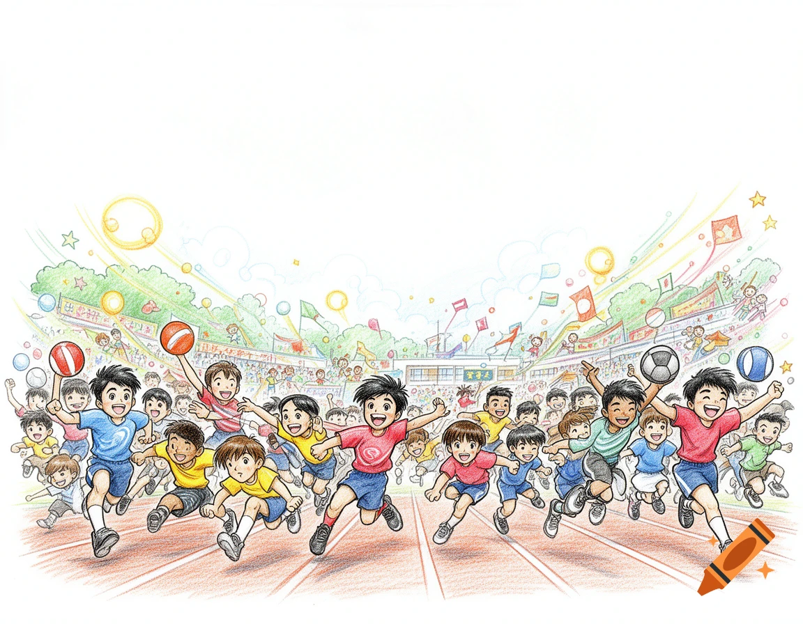 A colorful hand-drawn illustration shows many happy children running a race on a track, with a stadium and crowd in the background.